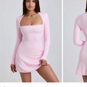 NEW WITH TAGS Oh Polly Lana Long Sleeve Baby Pink Mini Dress Ribbed With Lace